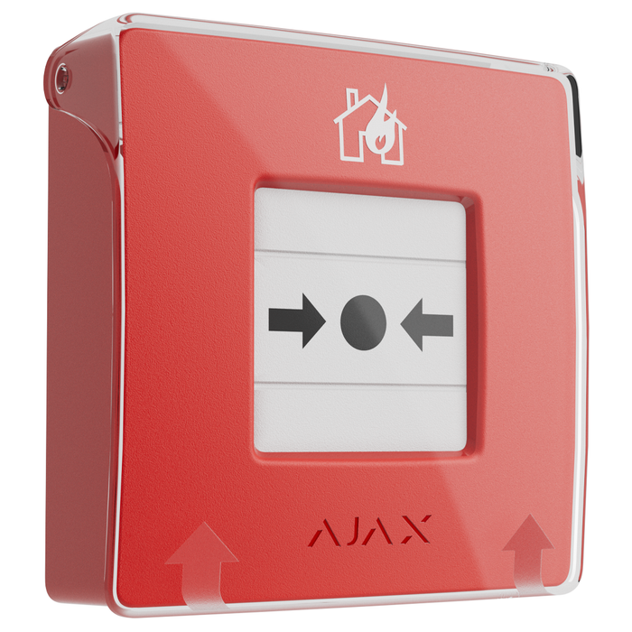 Ajax EN54 manual call point break glass fire alarm button in red, angled view