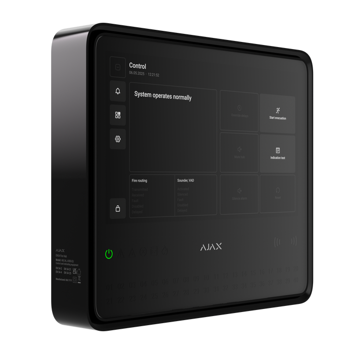 Ajax EN54 wireless touchscreen fire alarm hub in black, front angled view