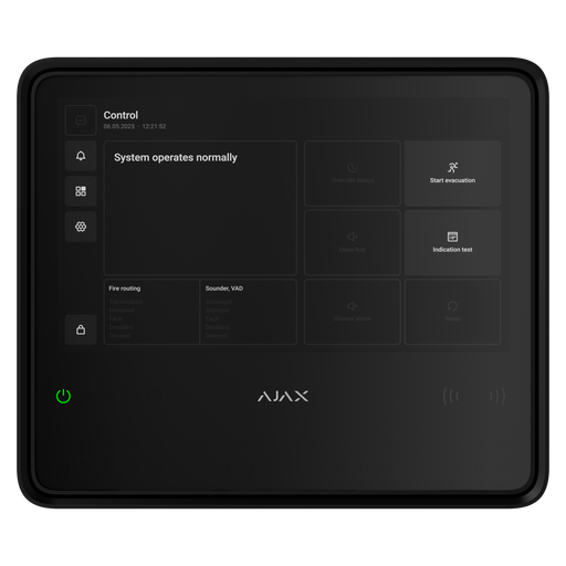 Ajax EN54 wireless touchscreen fire alarm hub in white, front view
