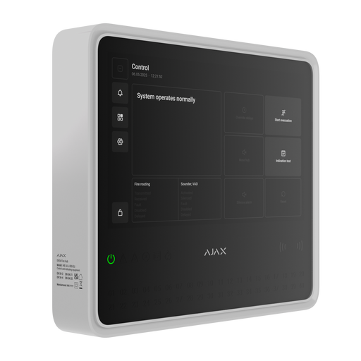 Ajax EN54 wireless touchscreen fire alarm hub in white, front angled view
