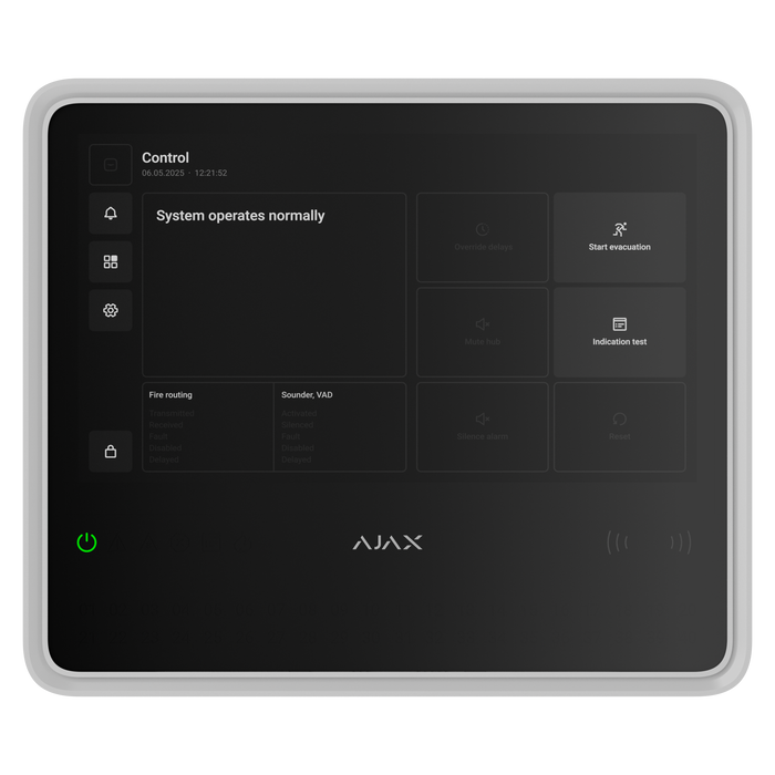 Ajax EN54 wireless touchscreen fire alarm hub in white, front view