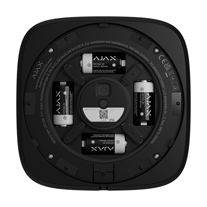 Ajax EN54 FireProtect wireless fire alarm sounder in black, battery compartment view