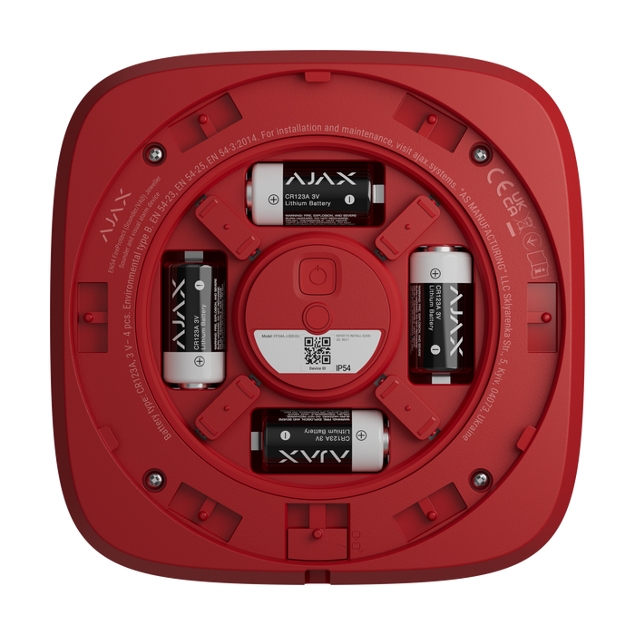 Ajax EN54 FireProtect wireless fire alarm sounder in Red, battery compartment view