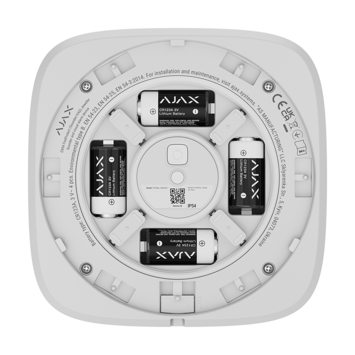 Ajax EN54 FireProtect wireless fire alarm sounder in white, battery compartment view