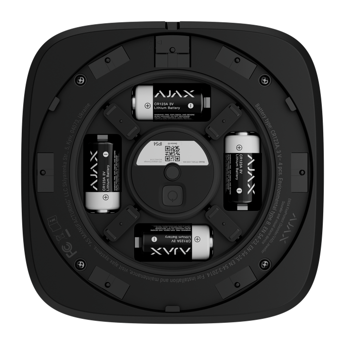 Ajax EN54 FireProtect wireless sounder with VAD visual alarm device beacon in black, battery compartment view