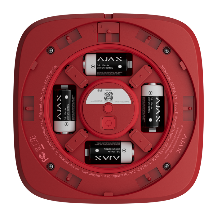 Ajax EN54 FireProtect wireless sounder with VAD visual alarm device beacon in red, battery compartment view