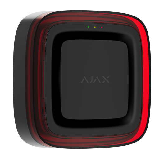 Ajax EN54 FireProtect wireless sounder with VAD visual alarm device beacon in black, front angled view