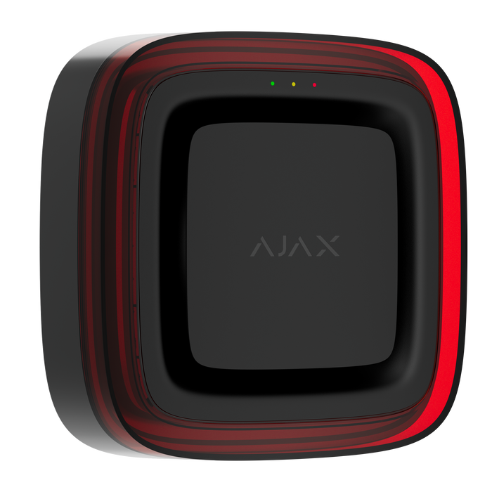 Ajax EN54 FireProtect wireless sounder with VAD visual alarm device beacon in black, front angled view
