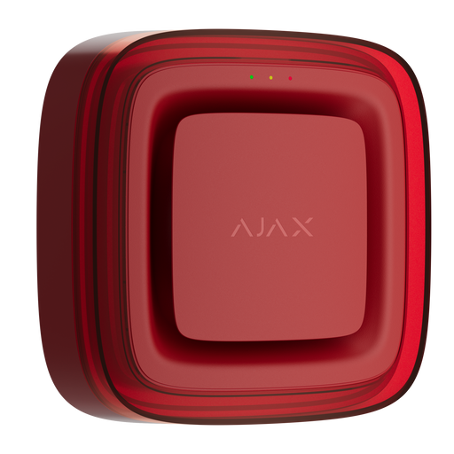 Ajax EN54 FireProtect wireless sounder with VAD visual alarm device beacon in red, front angled view