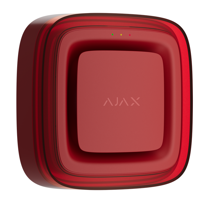 Ajax EN54 FireProtect wireless sounder with VAD visual alarm device beacon in red, front angled view