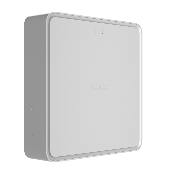 Ajax EN54 wireless REX fire signal range extender in white, front angled view
