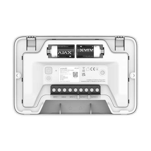 Ajax EN54 input/output module 2x2 in white, back and battery view