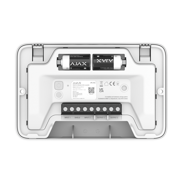 Ajax EN54 input/output module 2x2 in white, back and battery view