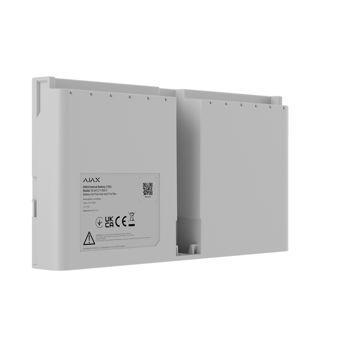 Ajax EN54 72-hour internal backup battery for fire hub in white, back angled view