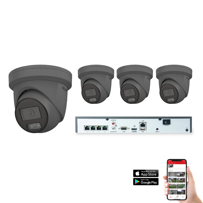 HiLook by Hikvision IP ColorVu 4 Camera 4ch 5MP 30M CCTV Kit - Grey (HI-KIT-IPC-COL-5MP-4-GR)