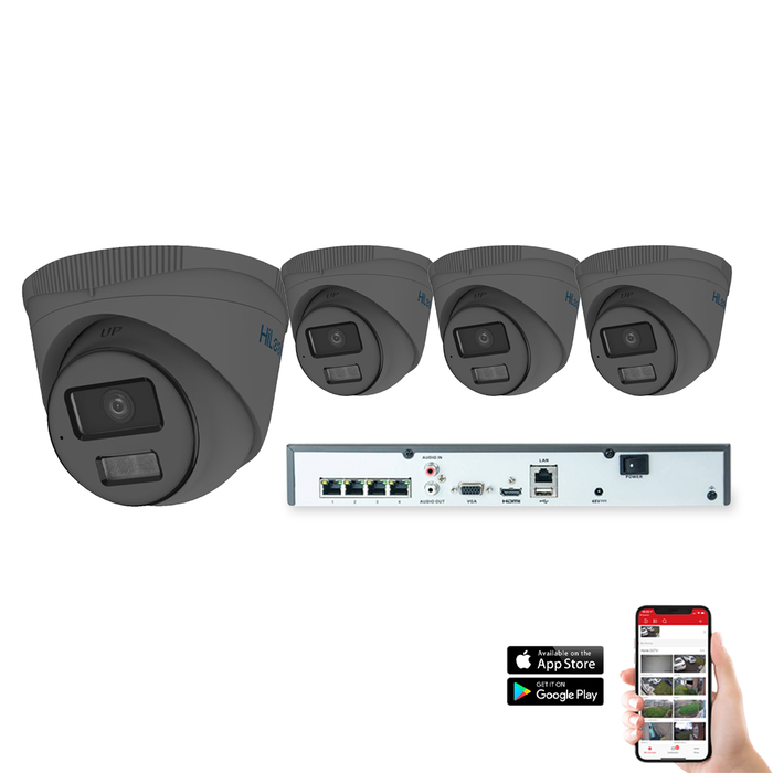 HiLook by Hikvision IP Smart Hybrid ColorVu 4 Camera 4ch 4MP 30M CCTV Kit - Grey (HI-KIT-IPC-HYB-4MP-4-GR)