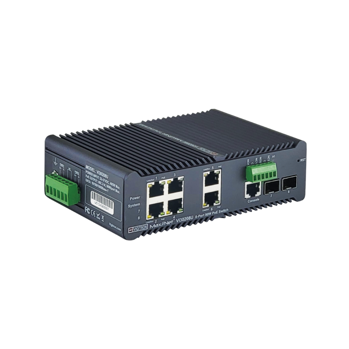 Vigitron 4+2+2 Port MaxiiNet 1G, L2 Hardened Industrial at/af/bt 90W Ring PoE Switch-(VIG-VI30208U)
