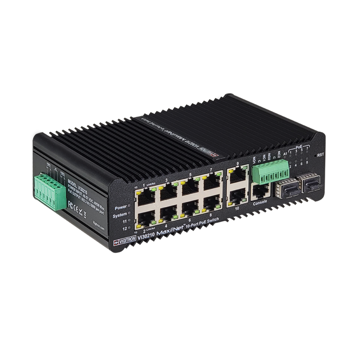 Vigitron 8+2 Port MaxiiNet 1G, L2 Hardened Industrial at/af/bt 90W Ring PoE Switch-(VIG-VI30210)