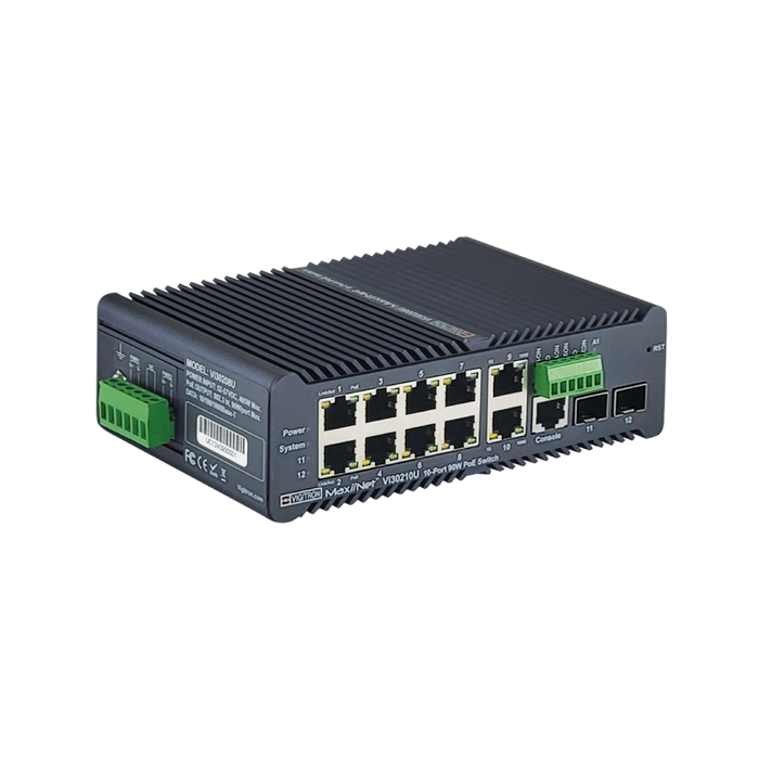 Vigitron 8+2 Port MaxiiNet 1G, L2 Hardened Industrial at/af/bt 90W Ring PoE Switch-(VIG-VI30210U)